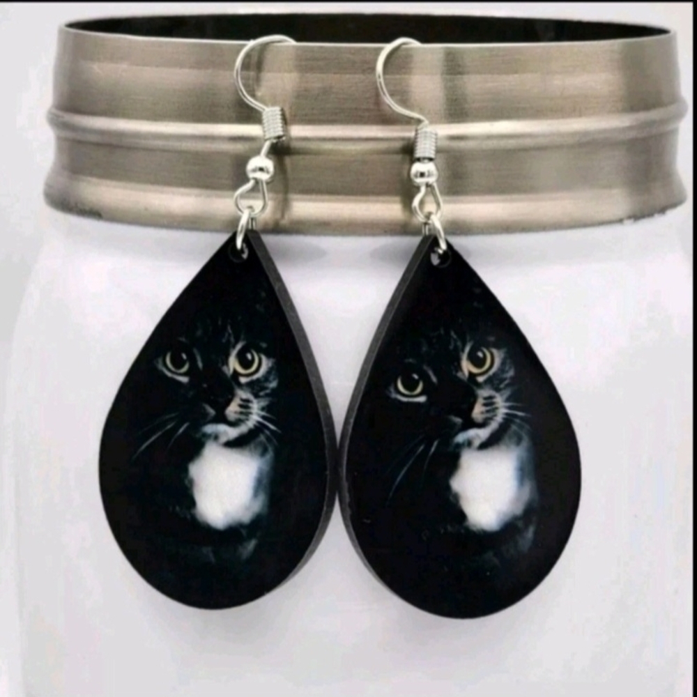 Elegant Black Cat Teardrop Earrings Handmade